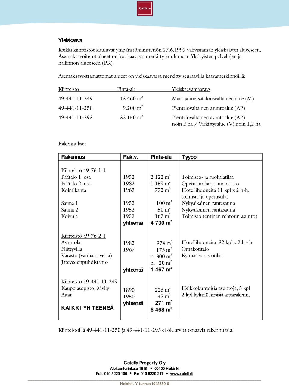 Asemakaavoittamattomat alueet on yleiskaavassa merkitty seuraavilla kaavamerkinnöillä: Kiinteistö Pinta-ala Yleiskaavamääräys 49-441-11-249 113.