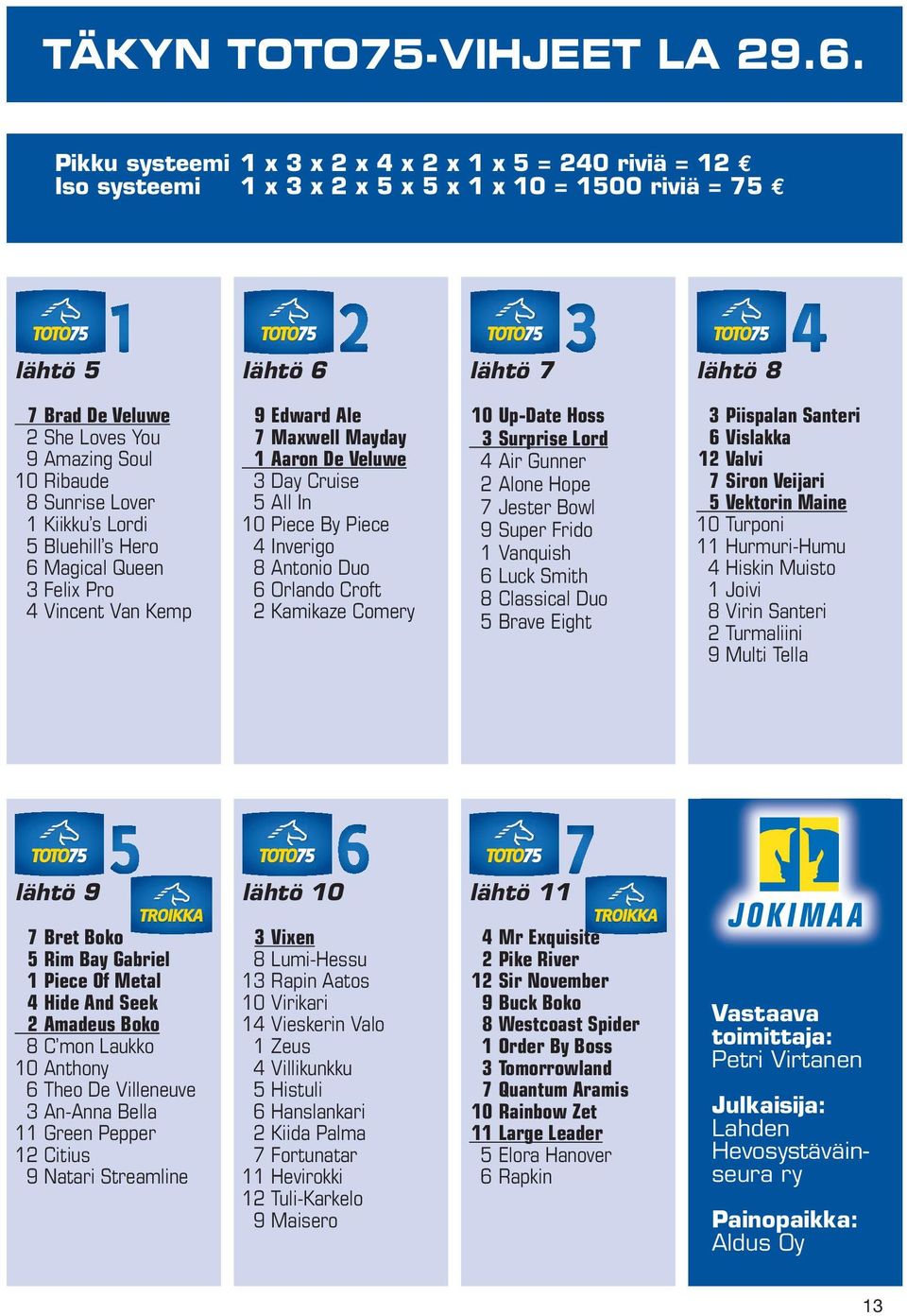 s Lordi 5 Bluehill s Hero 6 Magical Queen Felix Pro Vincent Van Kemp 9 Edward Ale 7 Maxwell Mayday Aaron De Veluwe Day Cruise 5 All In 0 Piece By Piece Inverigo 8 Antonio Duo 6 Orlando Croft Kamikaze