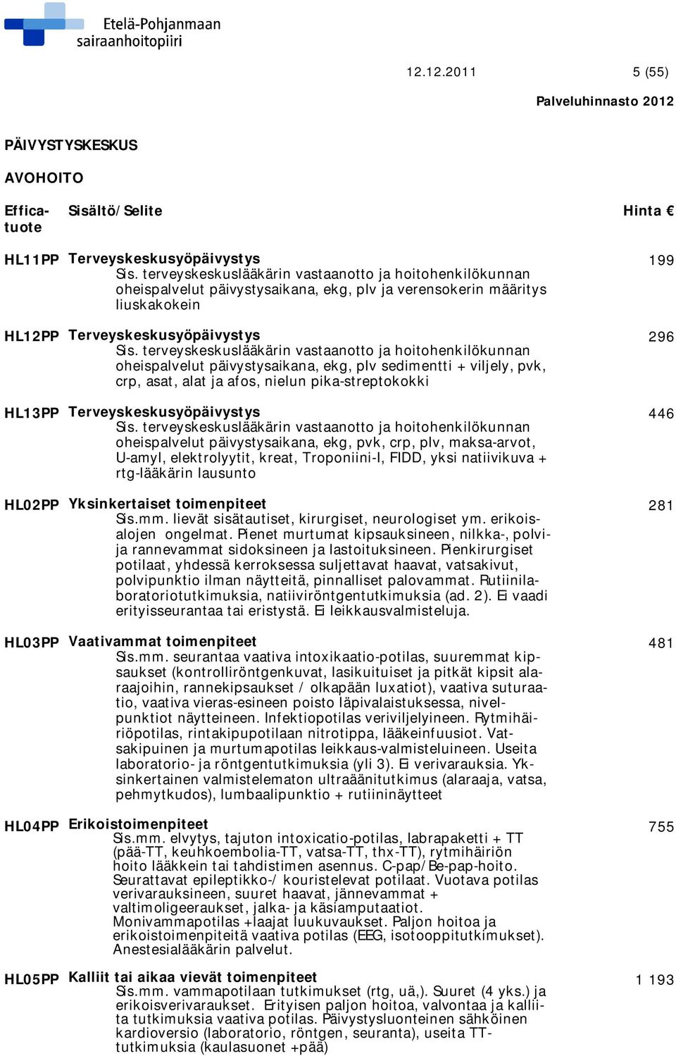 terveyskeskuslääkärin vastaanotto ja hoitohenkilökunnan oheispalvelut päivystysaikana, ekg, plv sedimentti + viljely, pvk, crp, asat, alat ja afos, nielun pika-streptokokki HL13PP