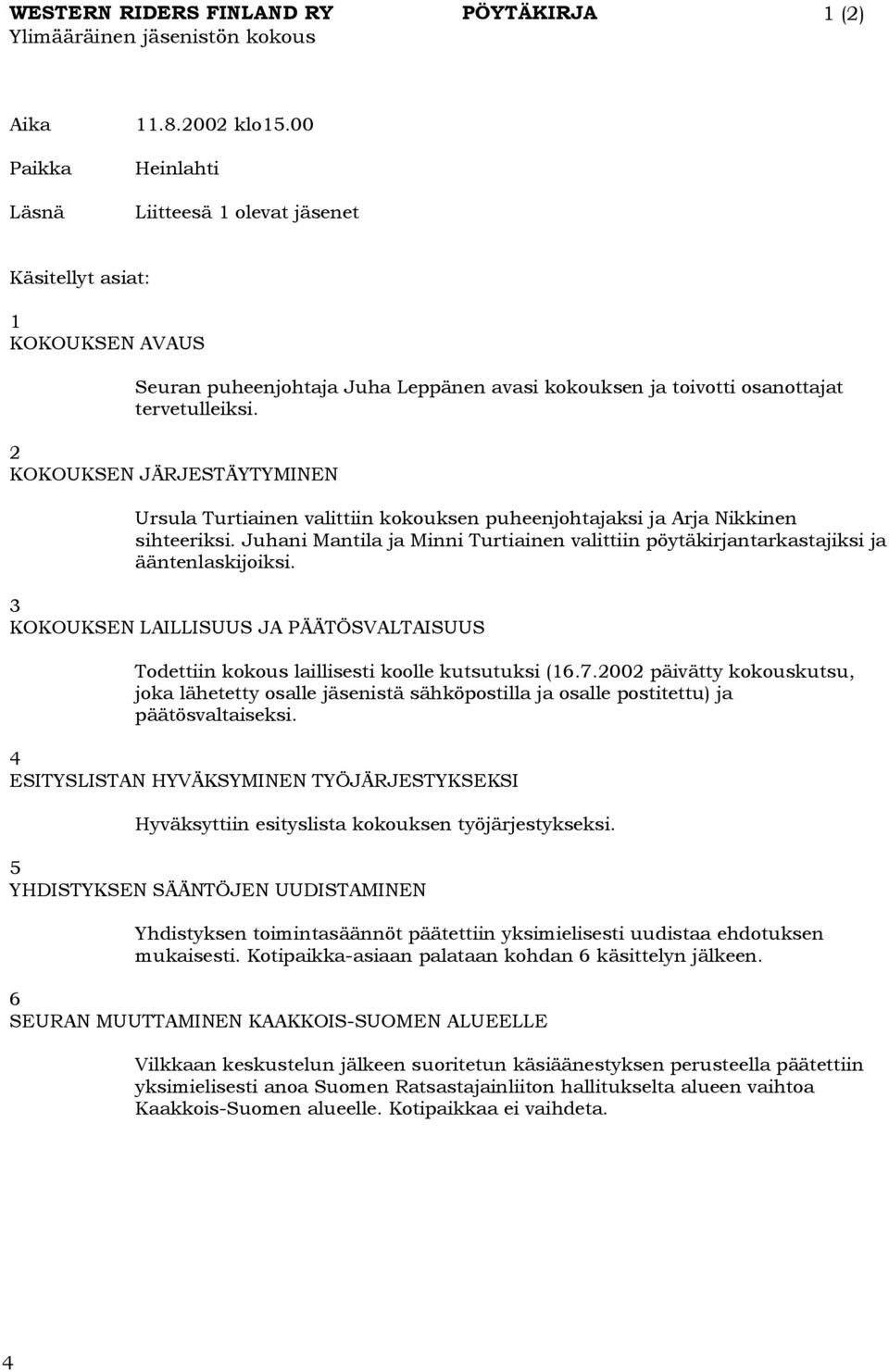 2 KOKOUKSEN JÄRJESTÄYTYMINEN Ursula Turtiainen valittiin kokouksen puheenjohtajaksi ja Arja Nikkinen sihteeriksi.