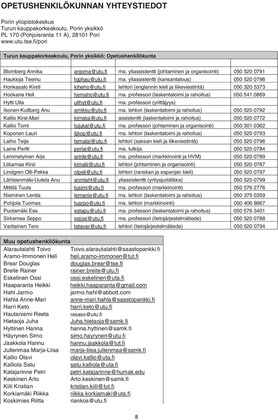 fi lehtori (englannin kieli ja liikeviestintä) 050 320 5373 Hookana Heli hemaho@utu.fi ma. professori (laskentatoimi ja rahoitus) 050 541 0869 Hytti Ulla ullhyt@utu.fi ma. professori (yrittäjyys) Ikonen-Kullberg Anu amikku@utu.