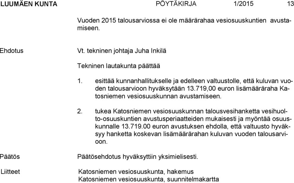 719,00 euron lisämääräraha Katos nie men vesiosuuskunnan avustamiseen. 2.