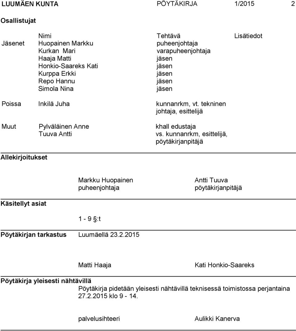 kunnanrkm, esittelijä, pöytäkirjanpitäjä Allekirjoitukset Markku Huopainen puheenjohtaja Antti Tuuva pöytäkirjanpitäjä Käsitellyt asiat 1-9 :t Pöytäkirjan tarkastus Luumäellä 23