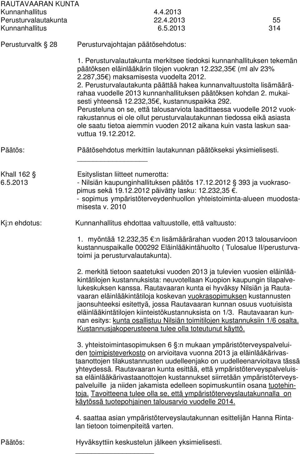 % 2.287,35 ) maksamisesta vuodelta 2012. 2. Perusturvalautakunta päättää hakea kunnanvaltuustolta lisämäärärahaa vuodelle 2013 kunnanhallituksen päätöksen kohdan 2. mukaisesti yhteensä 12.