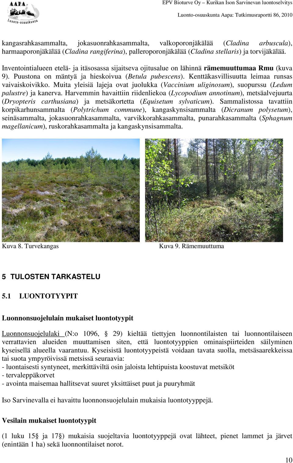 Kenttäkasvillisuutta leimaa runsas vaivaiskoivikko. Muita yleisiä lajeja ovat juolukka (Vaccinium uliginosum), suopurssu (Ledum palustre) ja kanerva.