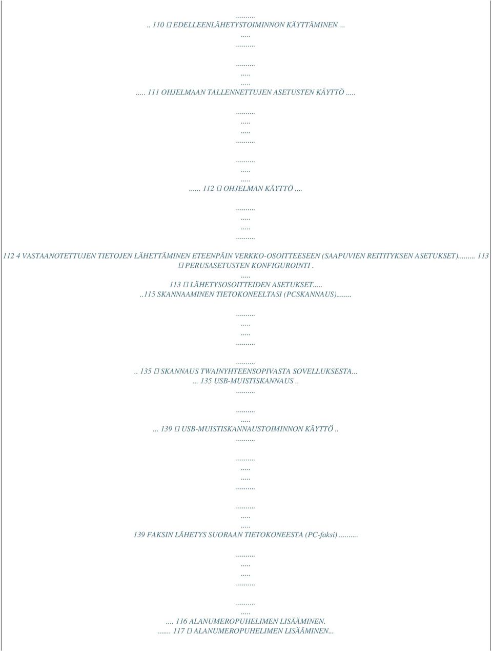 113 LÄHETYSOSOITTEIDEN ASETUKSET..115 SKANNAAMINEN TIETOKONEELTASI (PCSKANNAUS)..... 135 SKANNAUS TWAINYHTEENSOPIVASTA SOVELLUKSESTA.