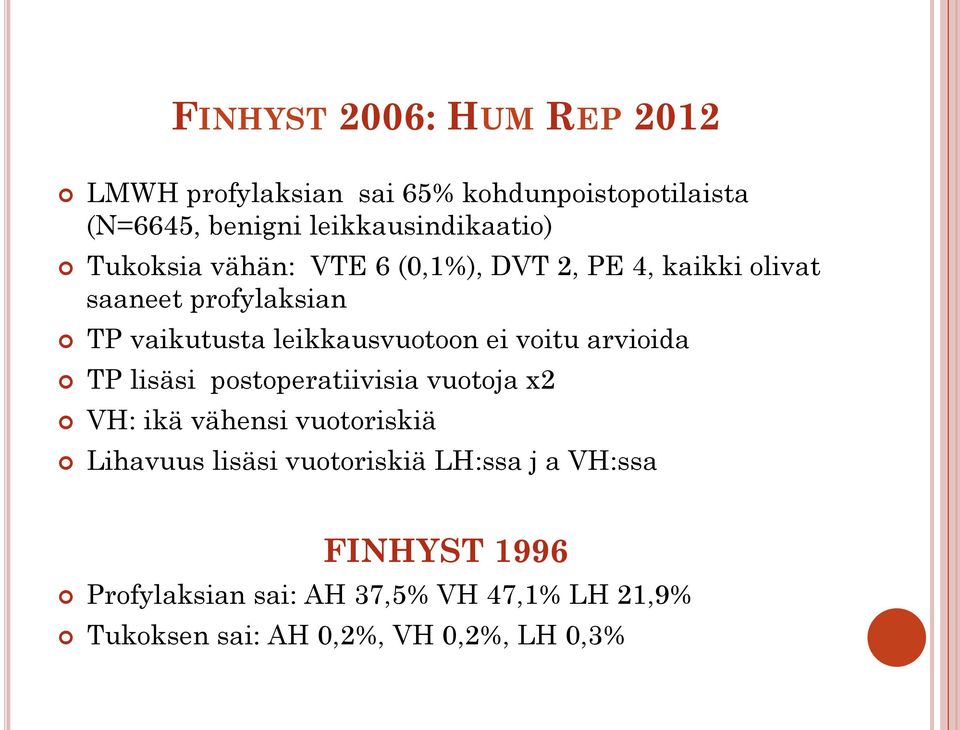 voitu arvioida TP lisäsi postoperatiivisia vuotoja x2 VH: ikä vähensi vuotoriskiä Lihavuus lisäsi vuotoriskiä