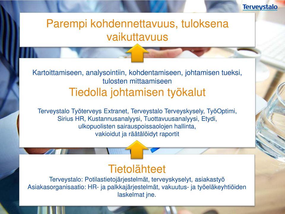 Kustannusanalyysi, Tuottavuusanalyysi, Etydi, ulkopuolisten sairauspoissaolojen hallinta, vakioidut ja räätälöidyt raportit