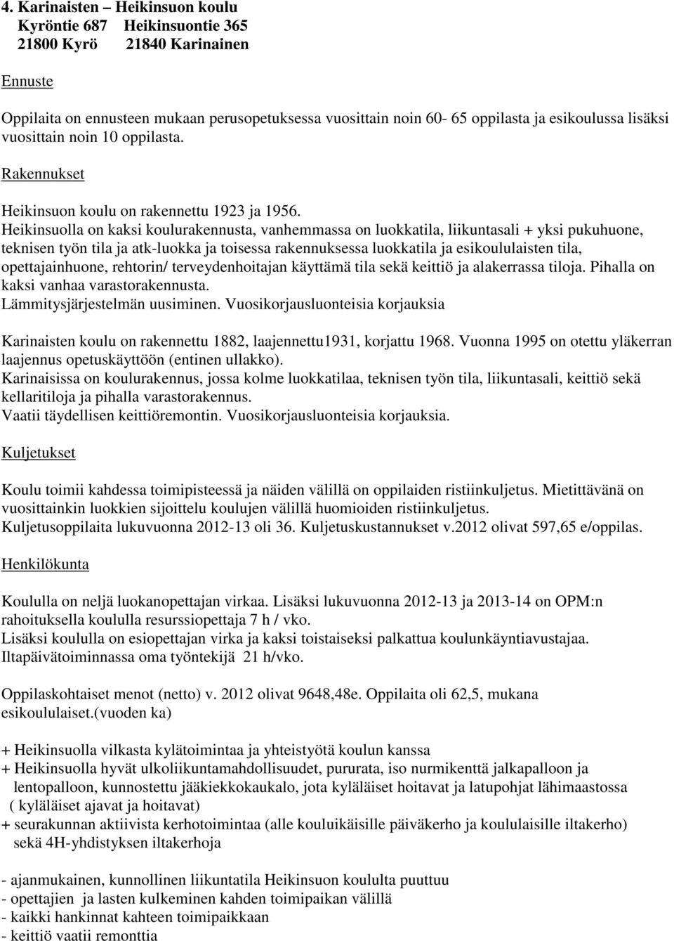 Heikinsuolla on kaksi koulurakennusta, vanhemmassa on luokkatila, liikuntasali + yksi pukuhuone, teknisen työn tila ja atk-luokka ja toisessa rakennuksessa luokkatila ja esikoululaisten tila,