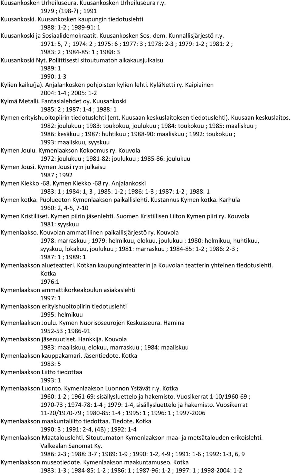 Poliittisesti sitoutumaton aikakausjulkaisu 1989: 1 1990: 1-3 Kylien kaiku(ja). Anjalankosken pohjoisten kylien lehti. KyläNetti ry. Kaipiainen 2004: 1-4 ; 2005: 1-2 Kylmä Metalli. Fantasialehdet oy.