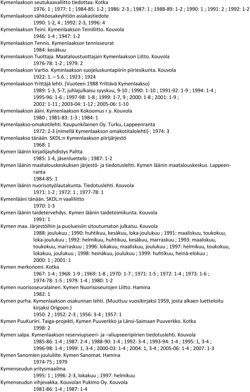 Teini. Kymenlaakson Teiniliitto. Kouvola 1946: 1-4 ; 1947: 1-2 Kymenlaakson Tennis. Kymenlaakson tennisseurat 1984: kesäkuu Kymenlaakson Tuottaja. Maataloustuottajain Kymenlaakson Liitto.