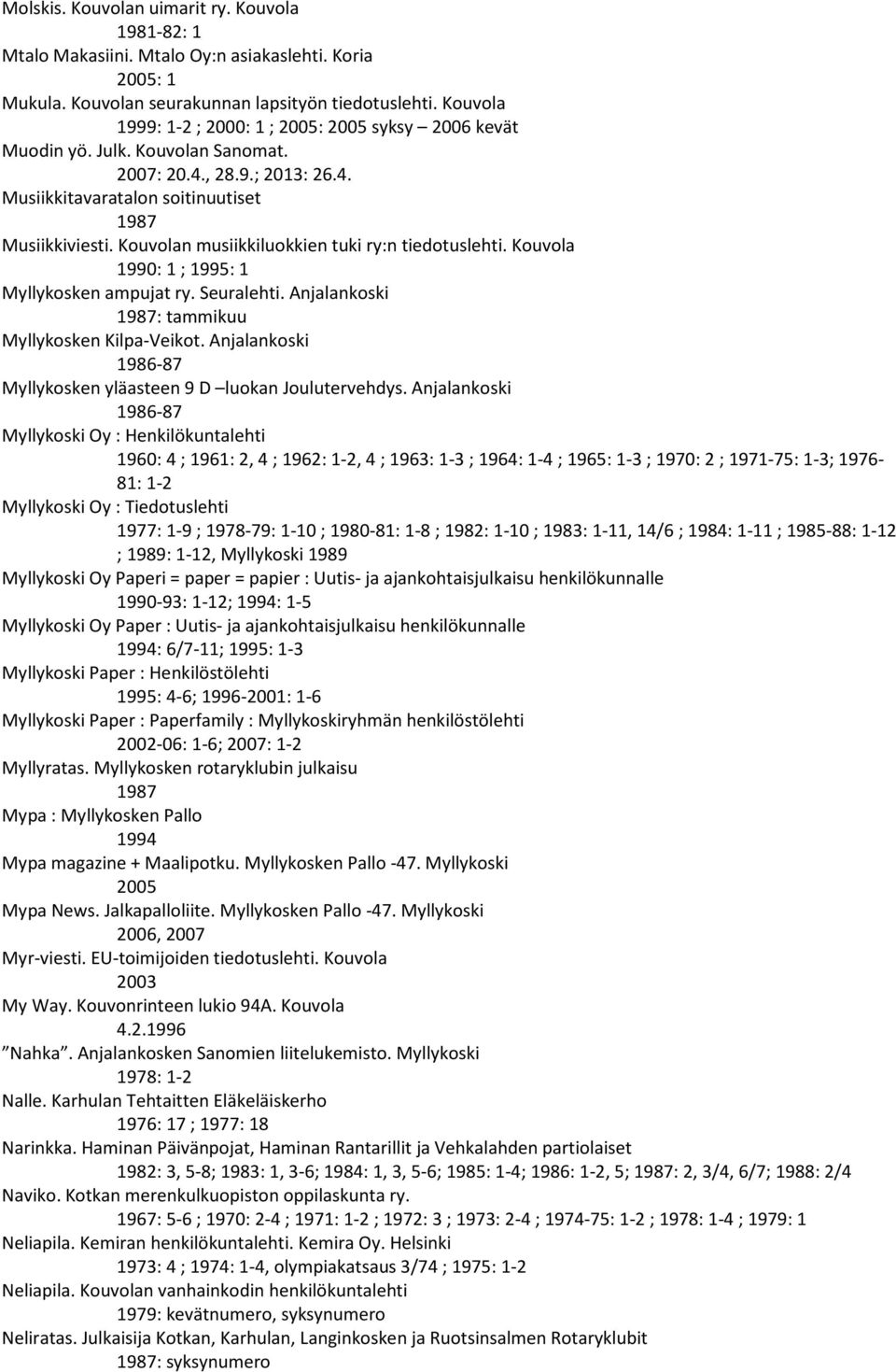 Kouvolan musiikkiluokkien tuki ry:n tiedotuslehti. Kouvola 1990: 1 ; 1995: 1 Myllykosken ampujat ry. Seuralehti. Anjalankoski 1987: tammikuu Myllykosken Kilpa-Veikot.