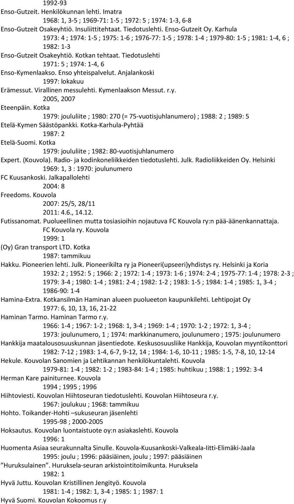 Tiedotuslehti 1971: 5 ; 1974: 1-4, 6 Enso-Kymenlaakso. Enso yhteispalvelut. Anjalankoski 1997: lokakuu Erämessut. Virallinen messulehti. Kymenlaakson Messut. r.y. 2005, 2007 Eteenpäin.