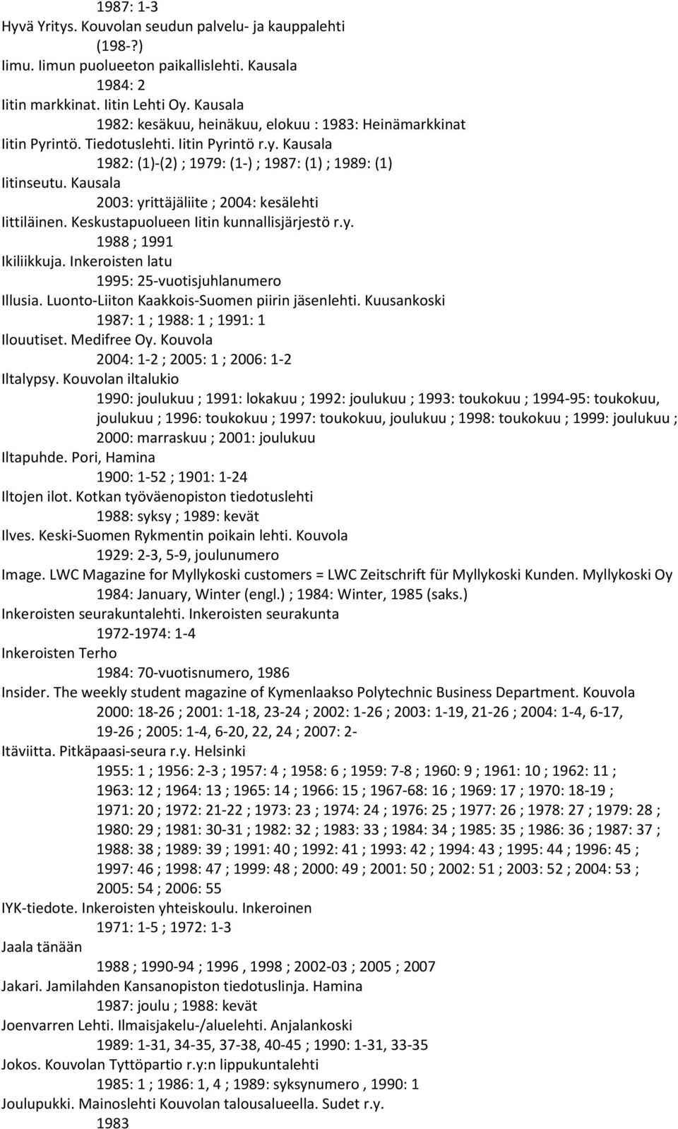 Kausala 2003: yrittäjäliite ; 2004: kesälehti Iittiläinen. Keskustapuolueen Iitin kunnallisjärjestö r.y. 1988 ; 1991 Ikiliikkuja. Inkeroisten latu 1995: 25-vuotisjuhlanumero Illusia.