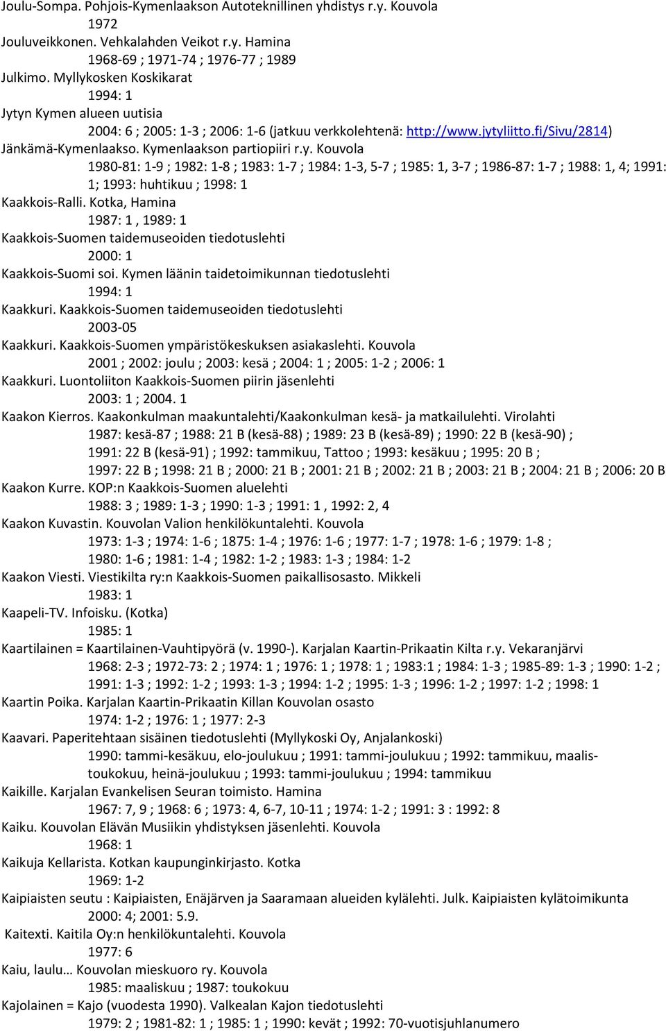 Kotka, Hamina 1987: 1, 1989: 1 Kaakkois-Suomen taidemuseoiden tiedotuslehti 2000: 1 Kaakkois-Suomi soi. Kymen läänin taidetoimikunnan tiedotuslehti 1994: 1 Kaakkuri.