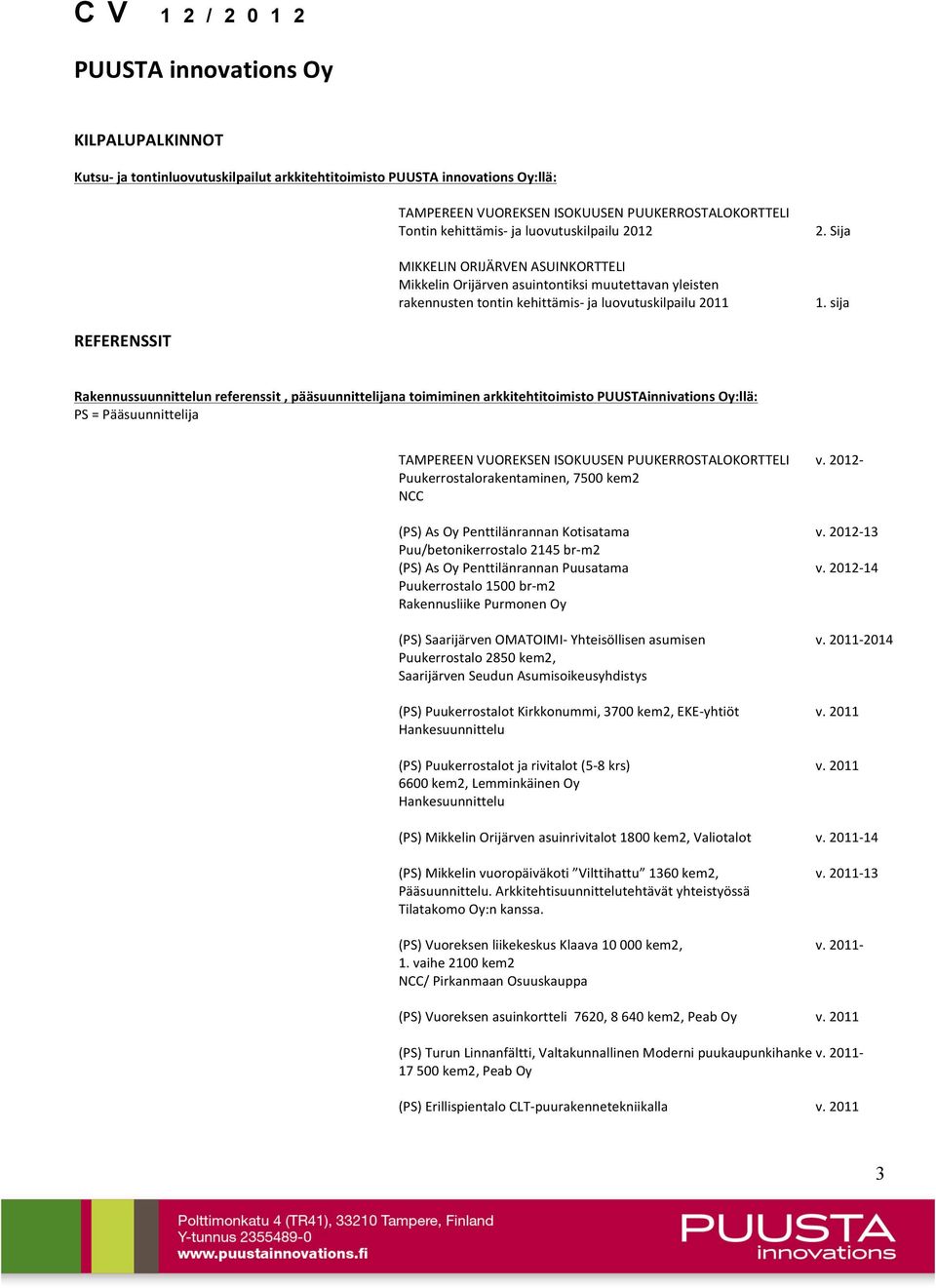 sija REFERENSSIT Rakennussuunnittelun referenssit, pääsuunnittelijana toimiminen arkkitehtitoimisto PUUSTAinnivations Oy:llä: PS = Pääsuunnittelija TAMPEREEN VUOREKSEN ISOKUUSEN PUUKERROSTALOKORTTELI