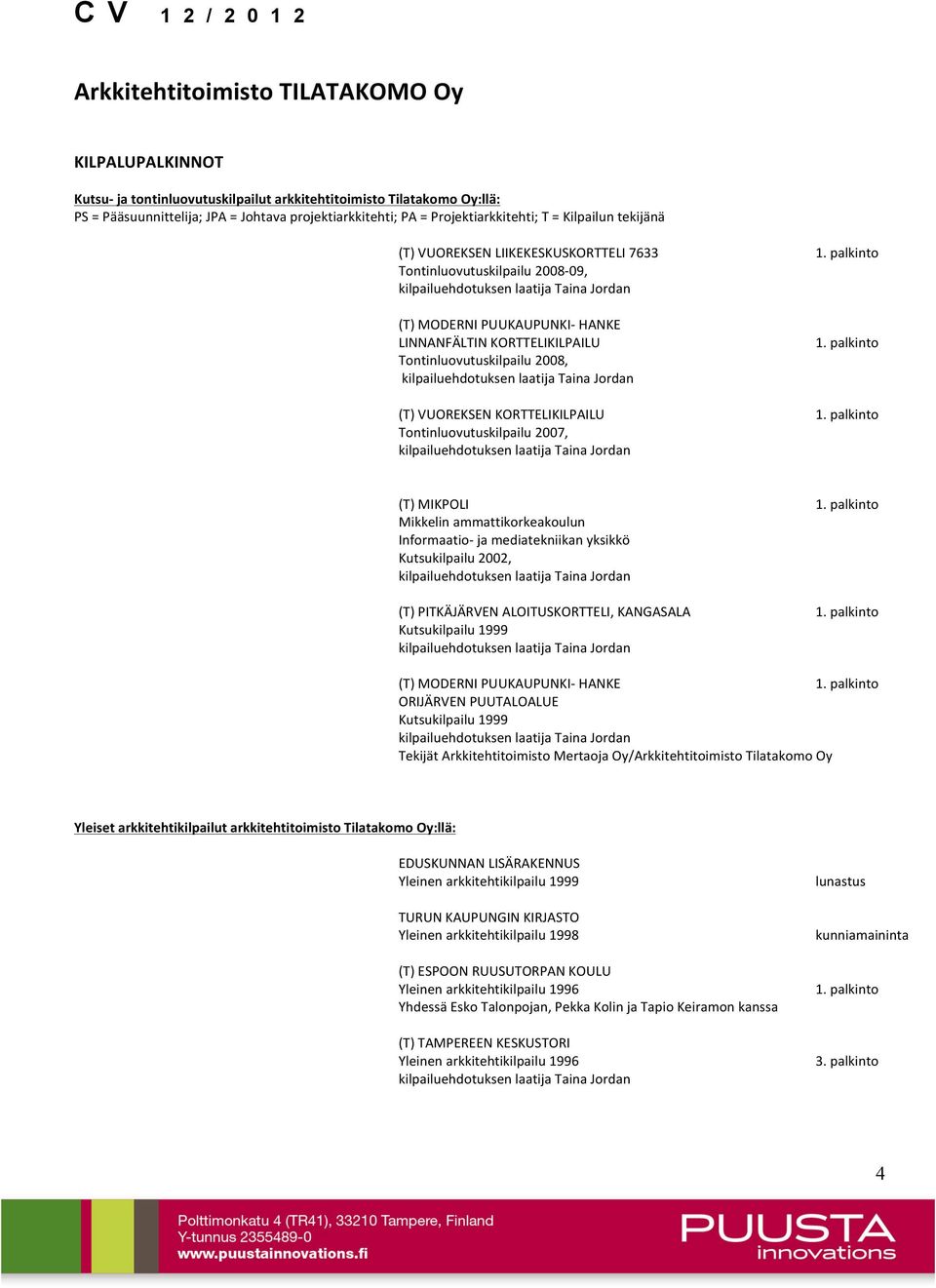 2008, (T) VUOREKSEN KORTTELIKILPAILU Tontinluovutuskilpailu 2007, (T) MIKPOLI Mikkelin ammattikorkeakoulun Informaatio- ja mediatekniikan yksikkö Kutsukilpailu 2002, (T) PITKÄJÄRVEN ALOITUSKORTTELI,