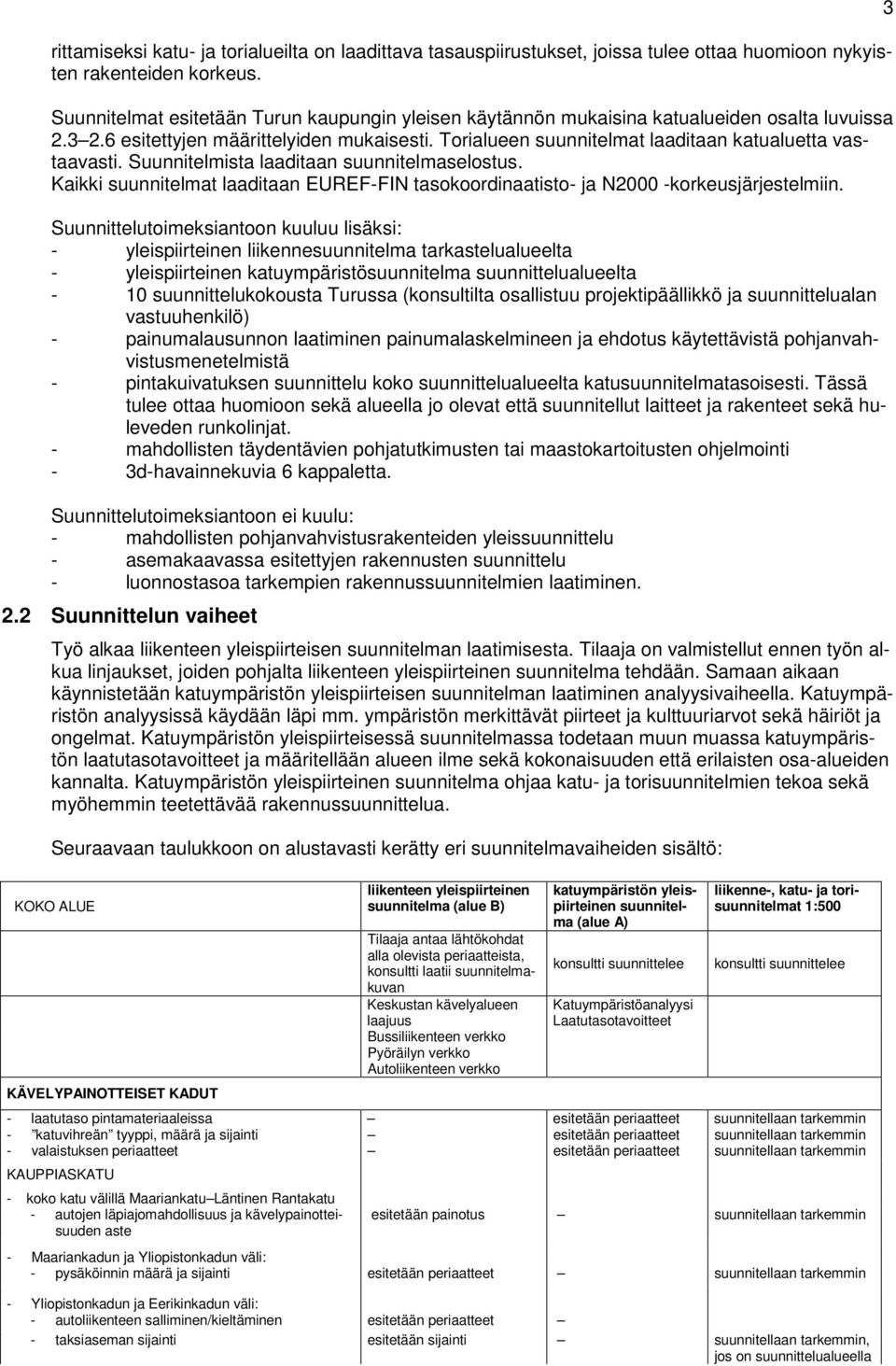 Torialueen suunnitelmat laaditaan katualuetta vastaavasti. Suunnitelmista laaditaan suunnitelmaselostus. Kaikki suunnitelmat laaditaan EUREF-FIN tasokoordinaatisto- ja N2000 -korkeusjärjestelmiin.