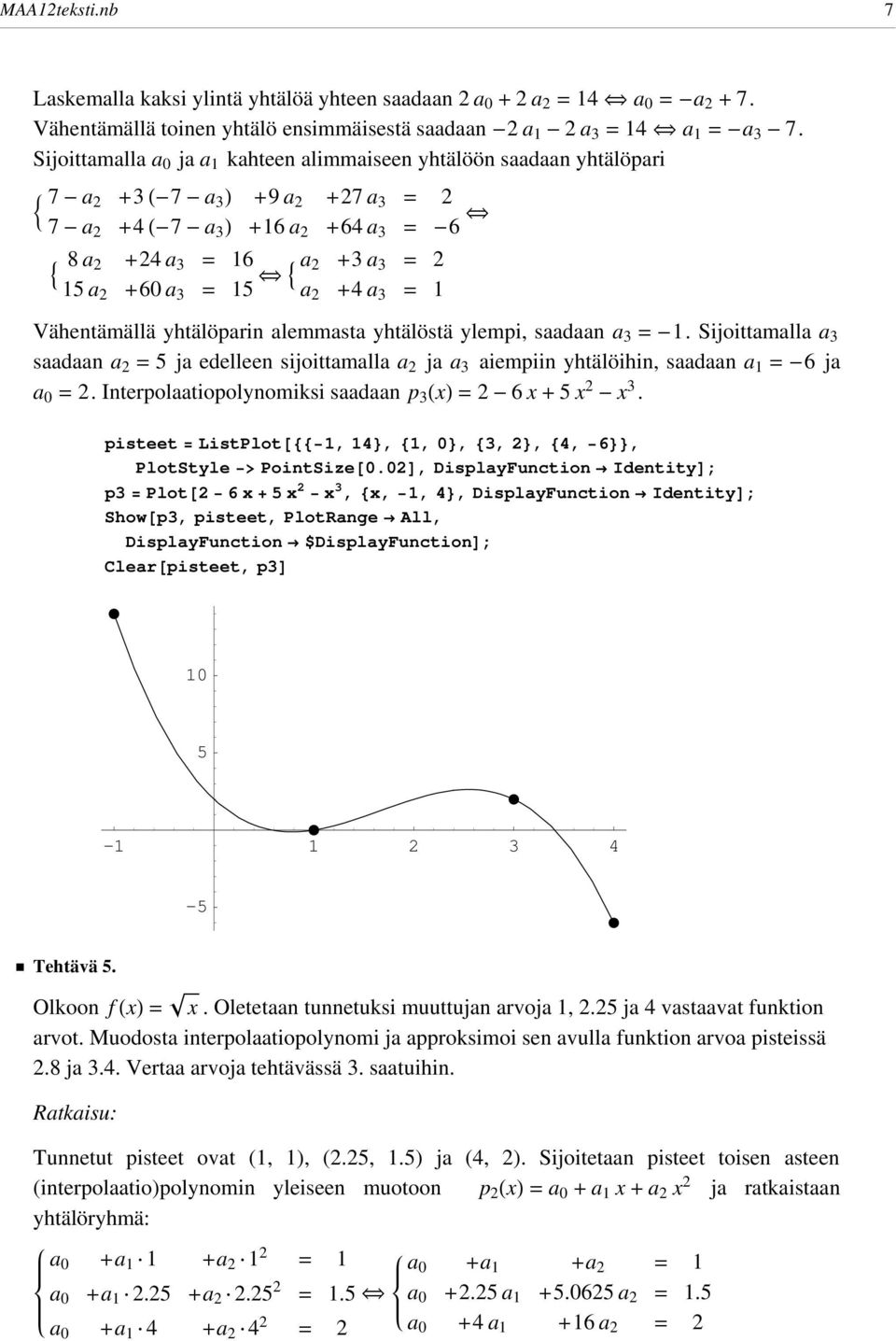 alemmasta yhtälöstä ylempi, saadaa a = -. Sijittamalla a saadaa a = ja edellee sijittamalla a ja a aiempii yhtälöihi, saadaa a = -6 ja a 0 =. Iterplaatiplymiksi saadaa p HxL = - 6 x + x - x.