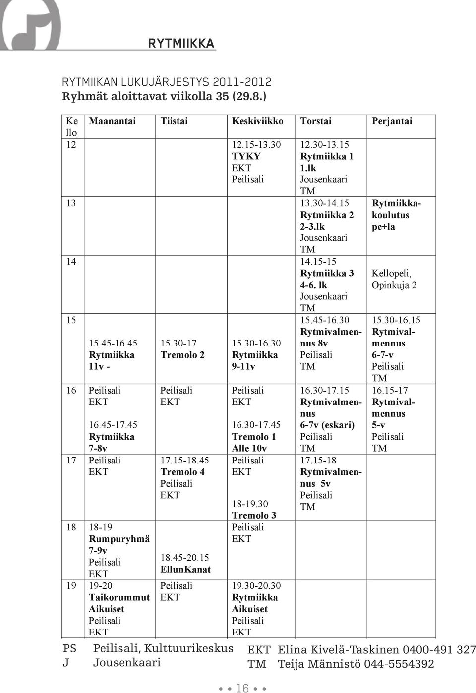 lk Jousenkaari TM 13 13.30-14.15 Rytmiikka 2 2-3.lk Jousenkaari TM Rytmiikkakoulutus pe+la 14 14.15-15 Rytmiikka 3 4-6. lk Jousenkaari TM 15 PS J 15.45-16.45 Rytmiikka 11v - 16 EKT 16.45-17.