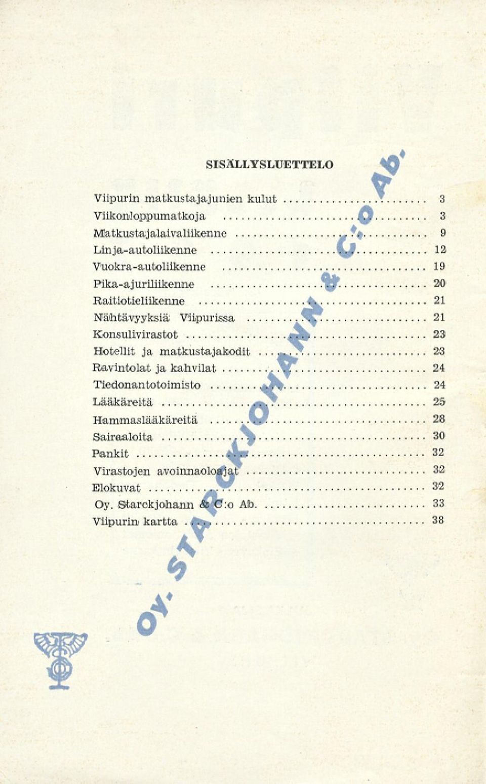 .«12 Vuokra-autoliikenne 19 Pika-ajurililkenne 20 Raitiotieliikenne 2:1 Nähtävyyksiä Viipurissa 21 Konsulivirastot 2.