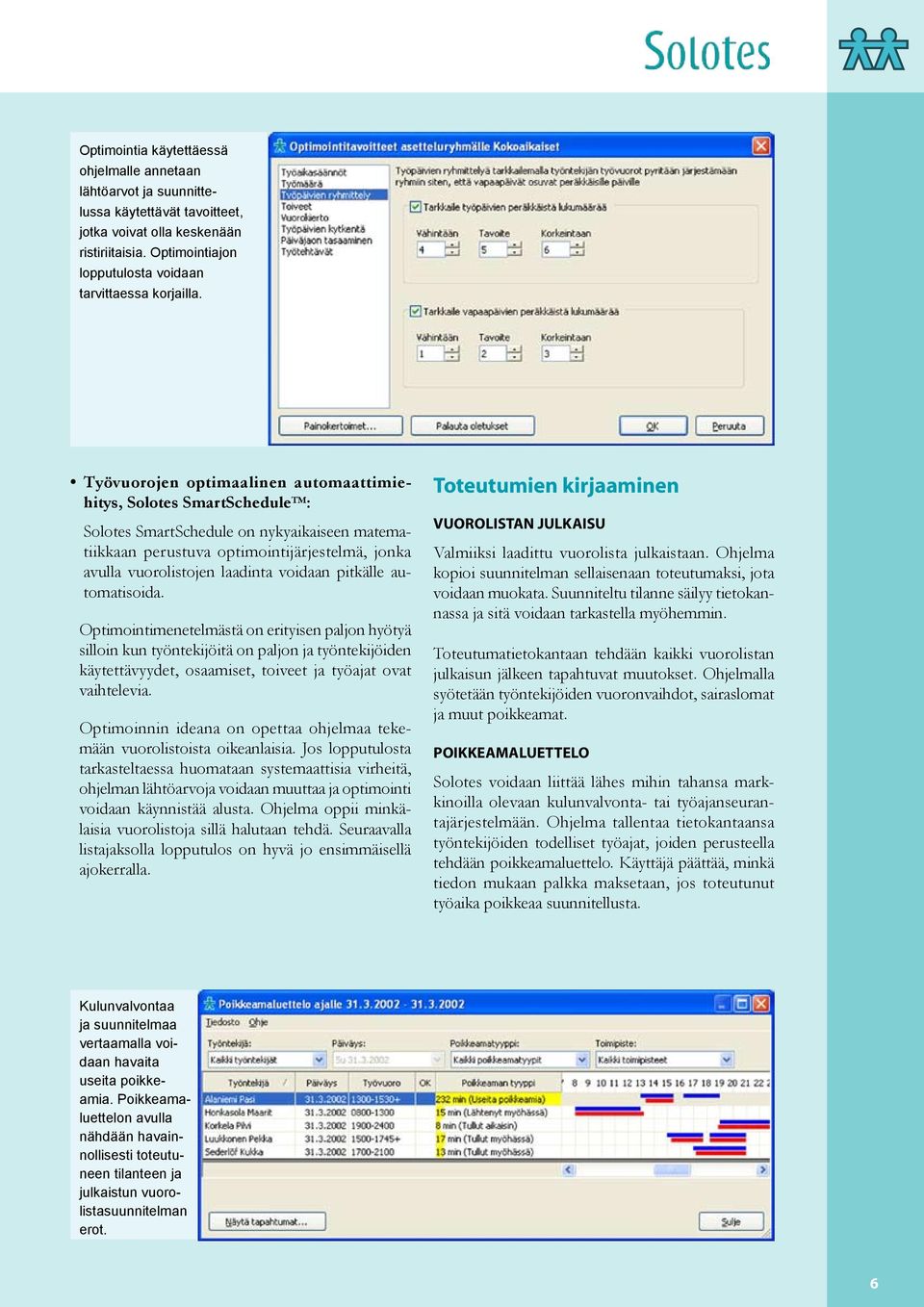 Työvuorojen optimaalinen automaattimiehitys, Solotes SmartSchedule TM : Solotes SmartSchedule on nykyaikaiseen matematiikkaan perustuva optimointijärjestelmä, jonka avulla vuorolistojen laadinta