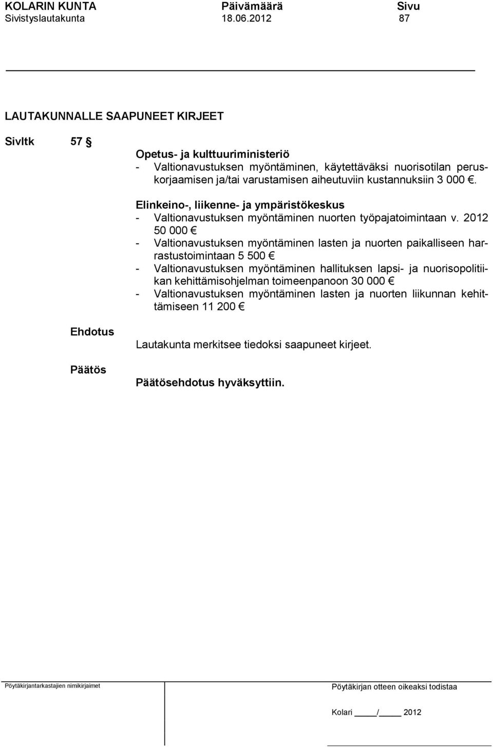 varustamisen aiheutuviin kustannuksiin 3 000. Elinkeino-, liikenne- ja ympäristökeskus - Valtionavustuksen myöntäminen nuorten työpajatoimintaan v.