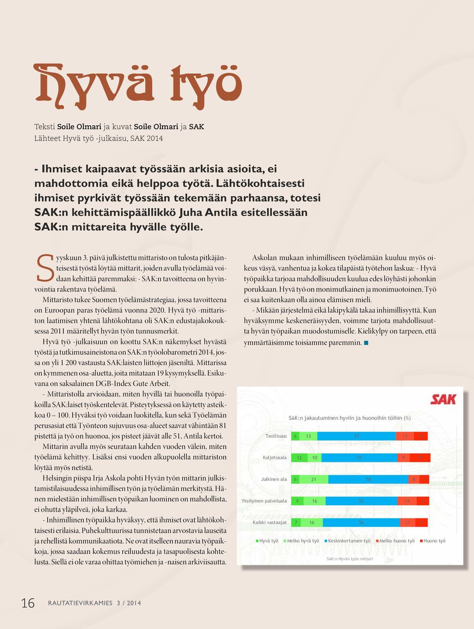 päivä julkistettu mittaristo on tulosta pitkäjänteisestä työstä löytää mittarit, joiden avulla työelämää voidaan kehittää paremmaksi: - SAK:n tavoitteena on hyvinvointia rakentava työelämä.