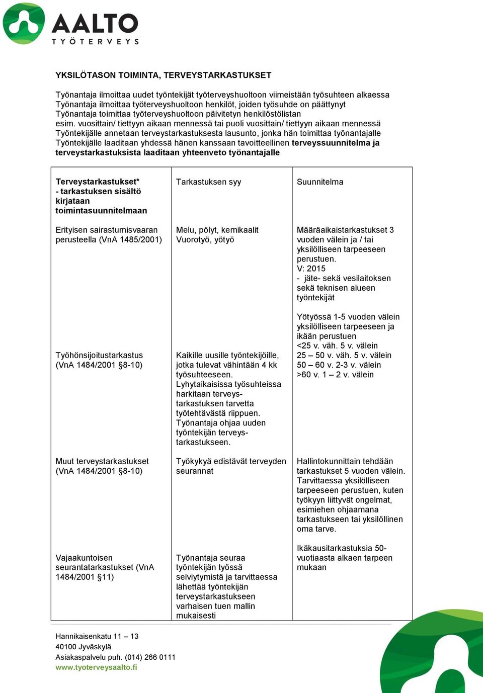 vuosittain/ tiettyyn aikaan mennessä tai puoli vuosittain/ tiettyyn aikaan mennessä Työntekijälle annetaan terveystarkastuksesta lausunto, jonka hän toimittaa työnantajalle Työntekijälle laaditaan