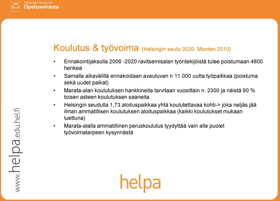 2300 ja näistä 80 % toisen asteen koulutuksen saaneita Helsingin seudulla 1,73 aloituspaikkaa yhtä koulutettavaa kohti-> joka neljäs jää ilman