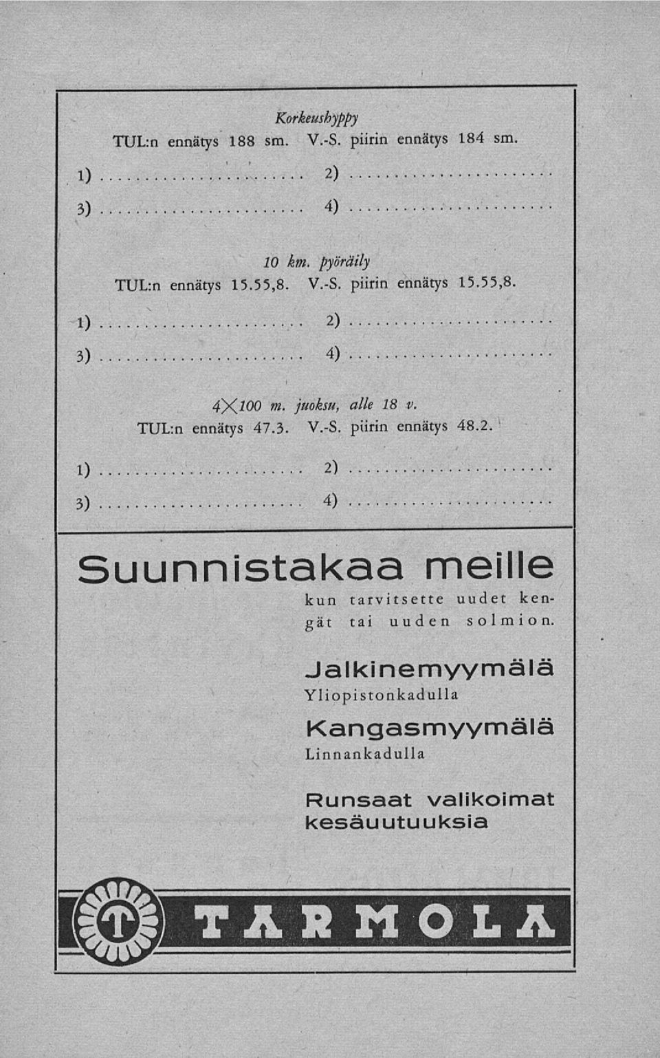 TUL:n ennätys 47.3. V.-S. piirin ennätys 48.2.