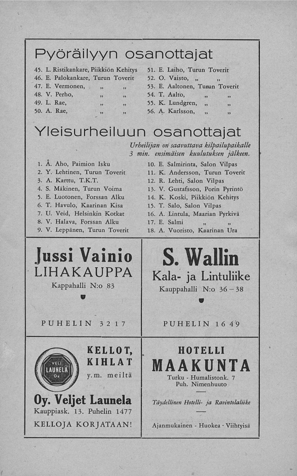 ensimäisen kuulutuksen jälkeen. 1. Ä. Aho, Paimion Isku 2. Y. Lehtinen, Turun Toverit 3. A. Karttu, T.K.T. 4. S. Mäkinen, Turun Voima 5. E. Luotonen, Forssan Alku 6. T. Havulo, Kaarinan Kisa 7. U.