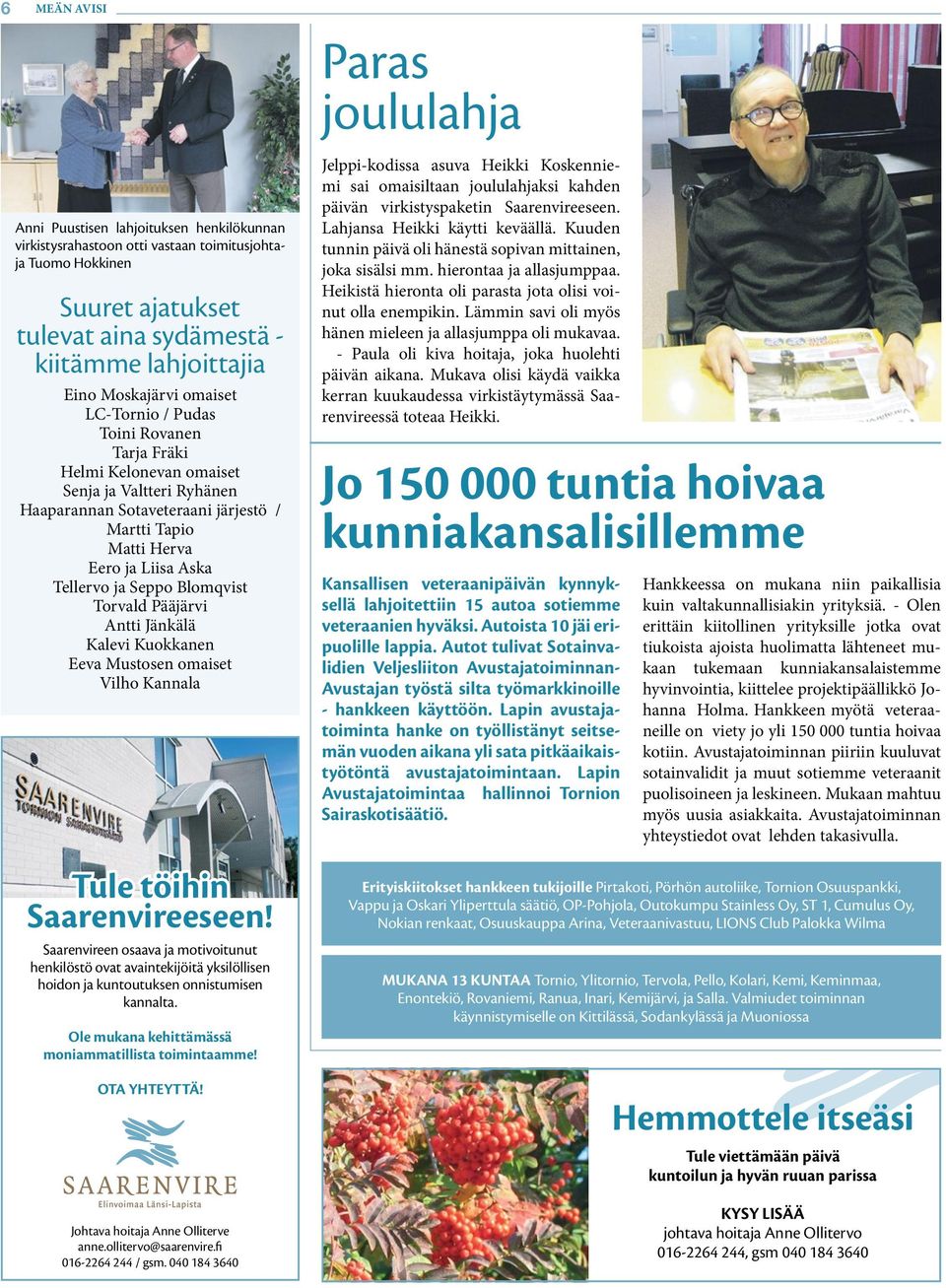 Seppo Blomqvist Torvald Pääjärvi Antti Jänkälä Kalevi Kuokkanen Eeva Mustosen omaiset Vilho Kannala Tule töihin Saarenvireeseen!