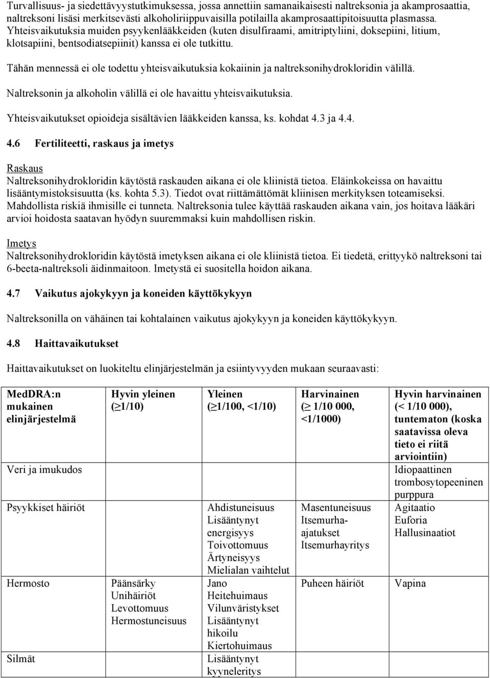 Tähän mennessä ei ole todettu yhteisvaikutuksia kokaiinin ja naltreksonihydrokloridin välillä. Naltreksonin ja alkoholin välillä ei ole havaittu yhteisvaikutuksia.