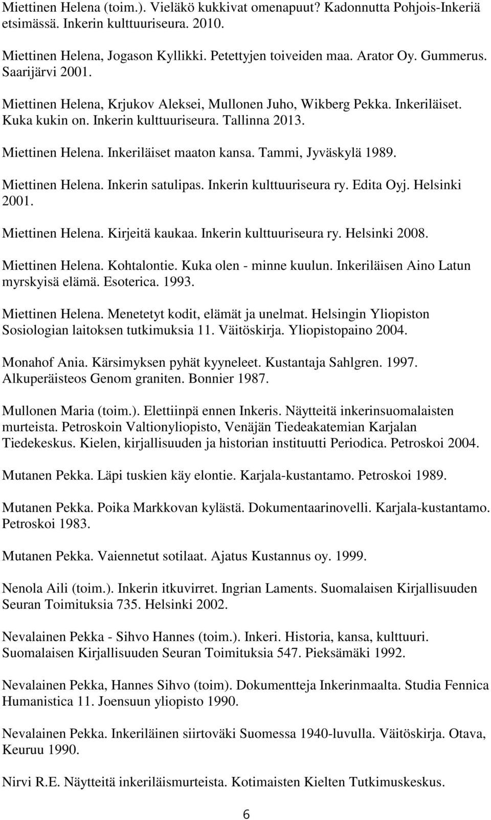 Tammi, Jyväskylä 1989. Miettinen Helena. Inkerin satulipas. Inkerin kulttuuriseura ry. Edita Oyj. Helsinki 2001. Miettinen Helena. Kirjeitä kaukaa. Inkerin kulttuuriseura ry. Helsinki 2008.