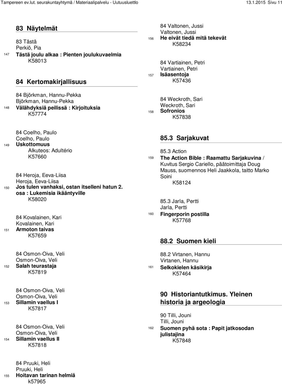 : Kirjoituksia K57774 84 Valtonen, Jussi Valtonen, Jussi 156 He eivät tiedä mitä tekevät K58234 84 Vartiainen, Petri Vartiainen, Petri 157 Isäasentoja K57436 84 Weckroth, Sari Weckroth, Sari 158