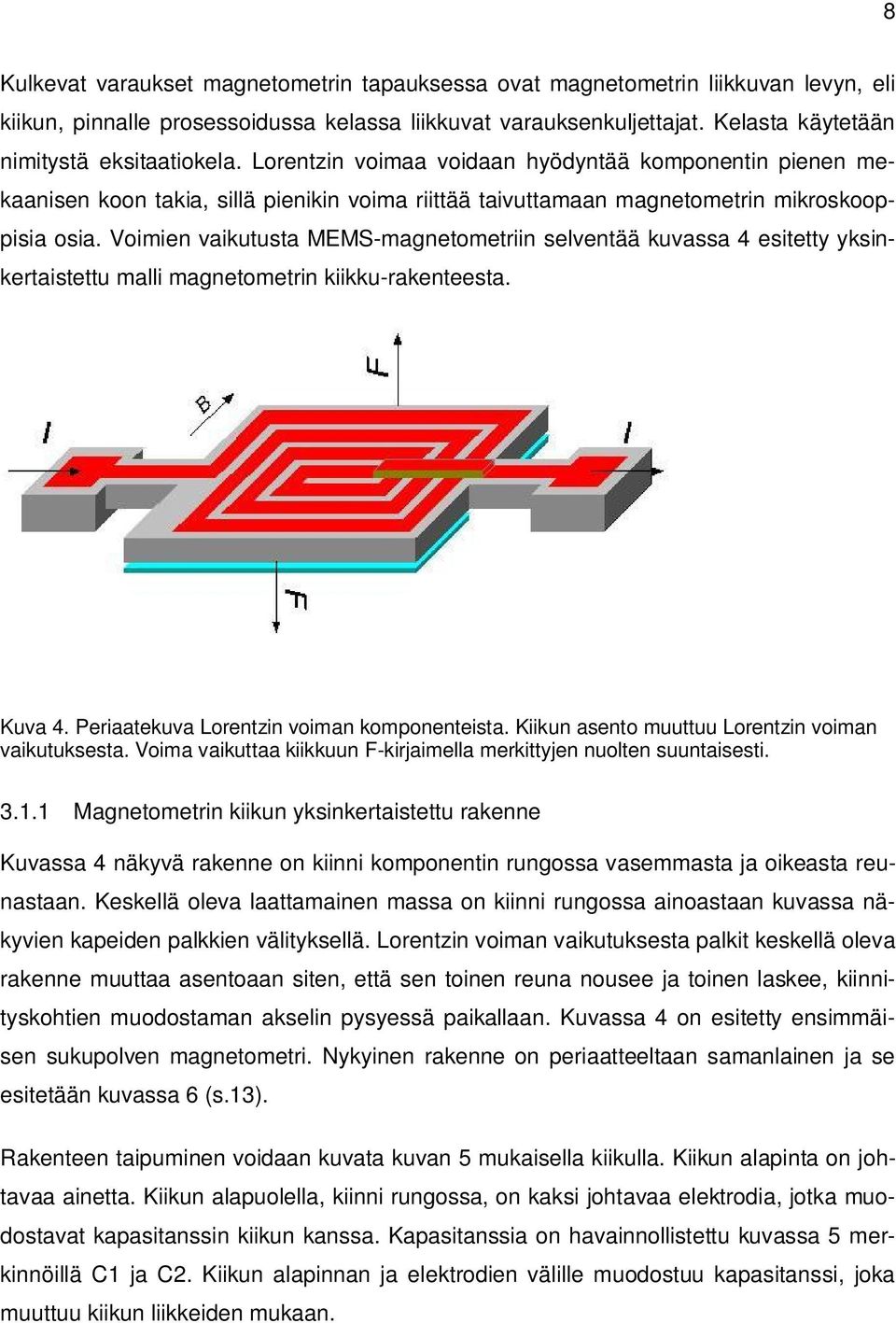 Voimien vaikutusta MEMS-magnetometriin selventää kuvassa 4 esitetty yksinkertaistettu malli magnetometrin kiikku-rakenteesta. Kuva 4. Periaatekuva Lorentzin voiman komponenteista.