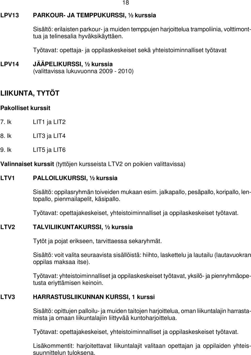 lk LIT5 ja LIT6 (tyttöjen kursseista LTV2 on poikien valittavissa) LTV1 PALLOILUKURSSI, ½ kurssia Sisältö: oppilasryhmän toiveiden mukaan esim.