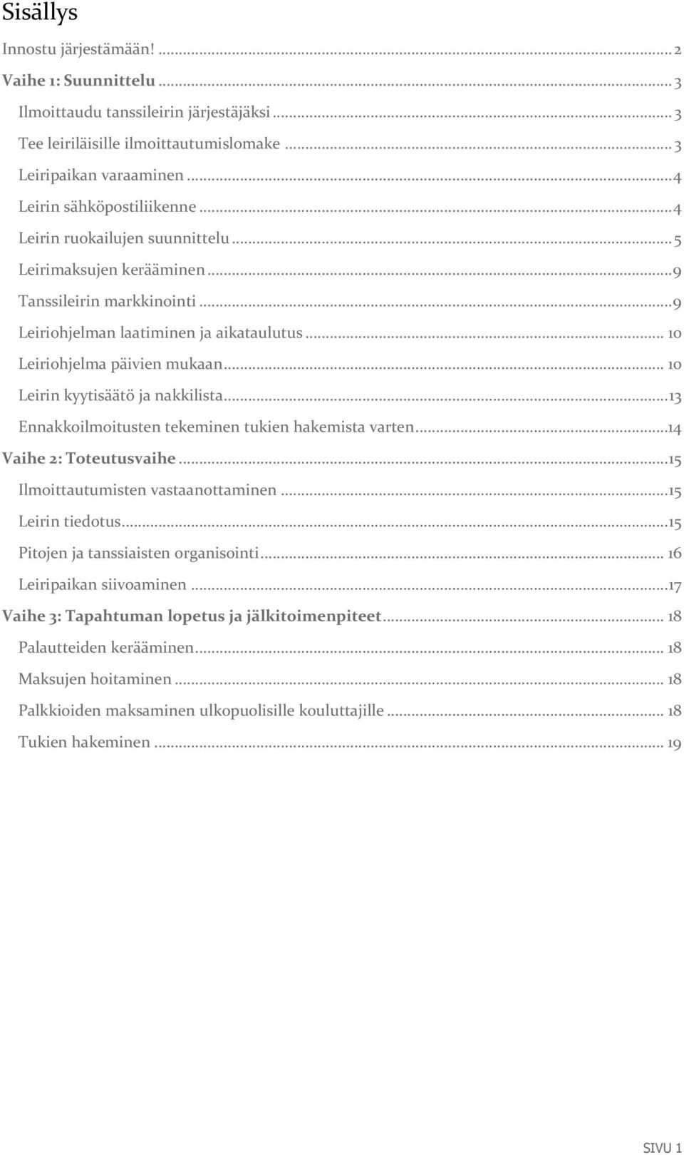 .. 10 Leiriohjelma päivien mukaan... 10 Leirin kyytisäätö ja nakkilista... 13 Ennakkoilmoitusten tekeminen tukien hakemista varten...14 Vaihe 2: Toteutusvaihe... 15 Ilmoittautumisten vastaanottaminen.