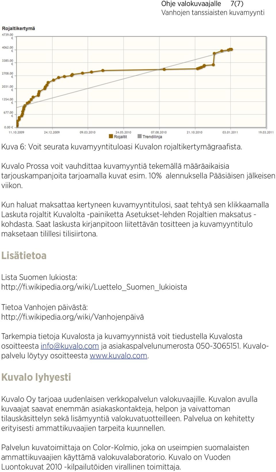 Kun haluat maksattaa kertyneen kuvamyyntitulosi, saat tehtyä sen klikkaamalla Laskuta rojaltit Kuvalolta -painiketta Asetukset-lehden Rojaltien maksatus - kohdasta.