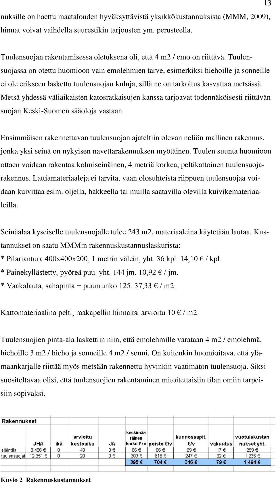 Tuulensuojassa on otettu huomioon vain emolehmien tarve, esimerkiksi hiehoille ja sonneille ei ole erikseen laskettu tuulensuojan kuluja, sillä ne on tarkoitus kasvattaa metsässä.