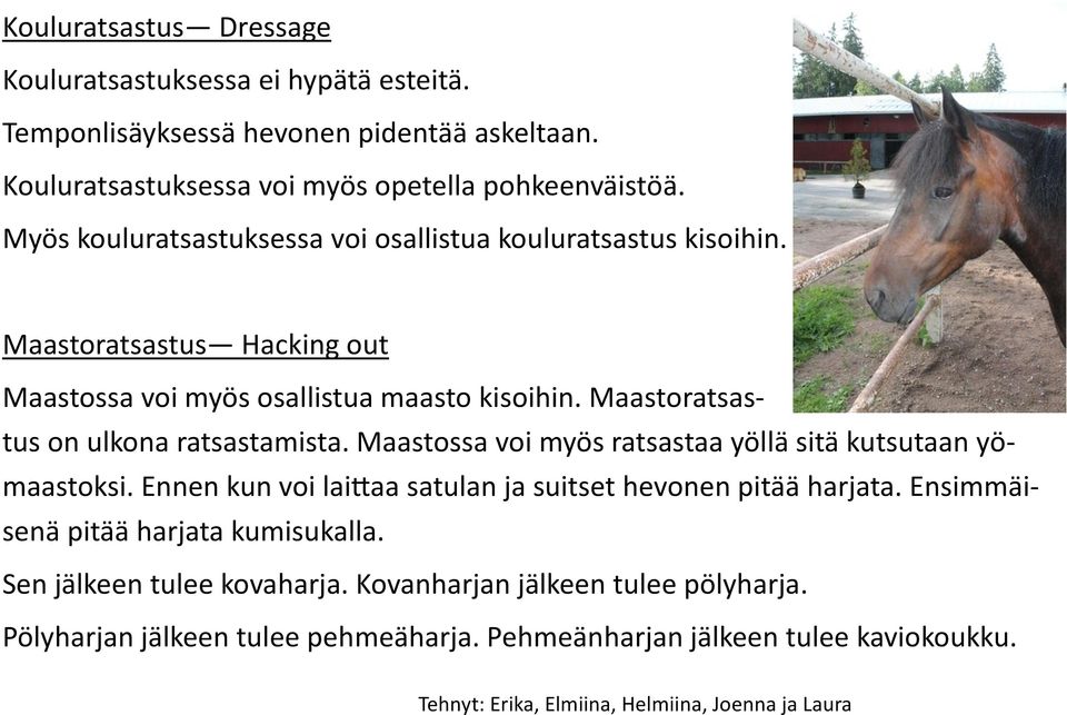 Maastoratsastus on ulkona ratsastamista. Maastossa voi myös ratsastaa yöllä sitä kutsutaan yömaastoksi. Ennen kun voi laittaa satulan ja suitset hevonen pitää harjata.