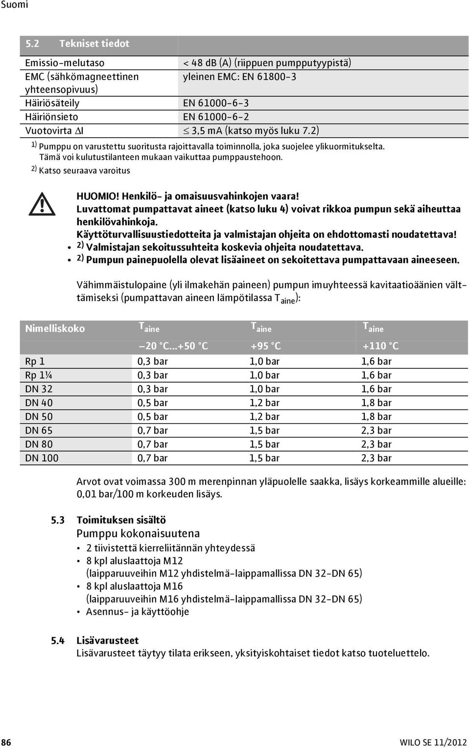 2) Katso seuraava varoitus HUOMIO! Henkilö- ja omaisuusvahinkojen vaara! Luvattomat pumpattavat aineet (katso luku 4) voivat rikkoa pumpun sekä aiheuttaa henkilövahinkoja.