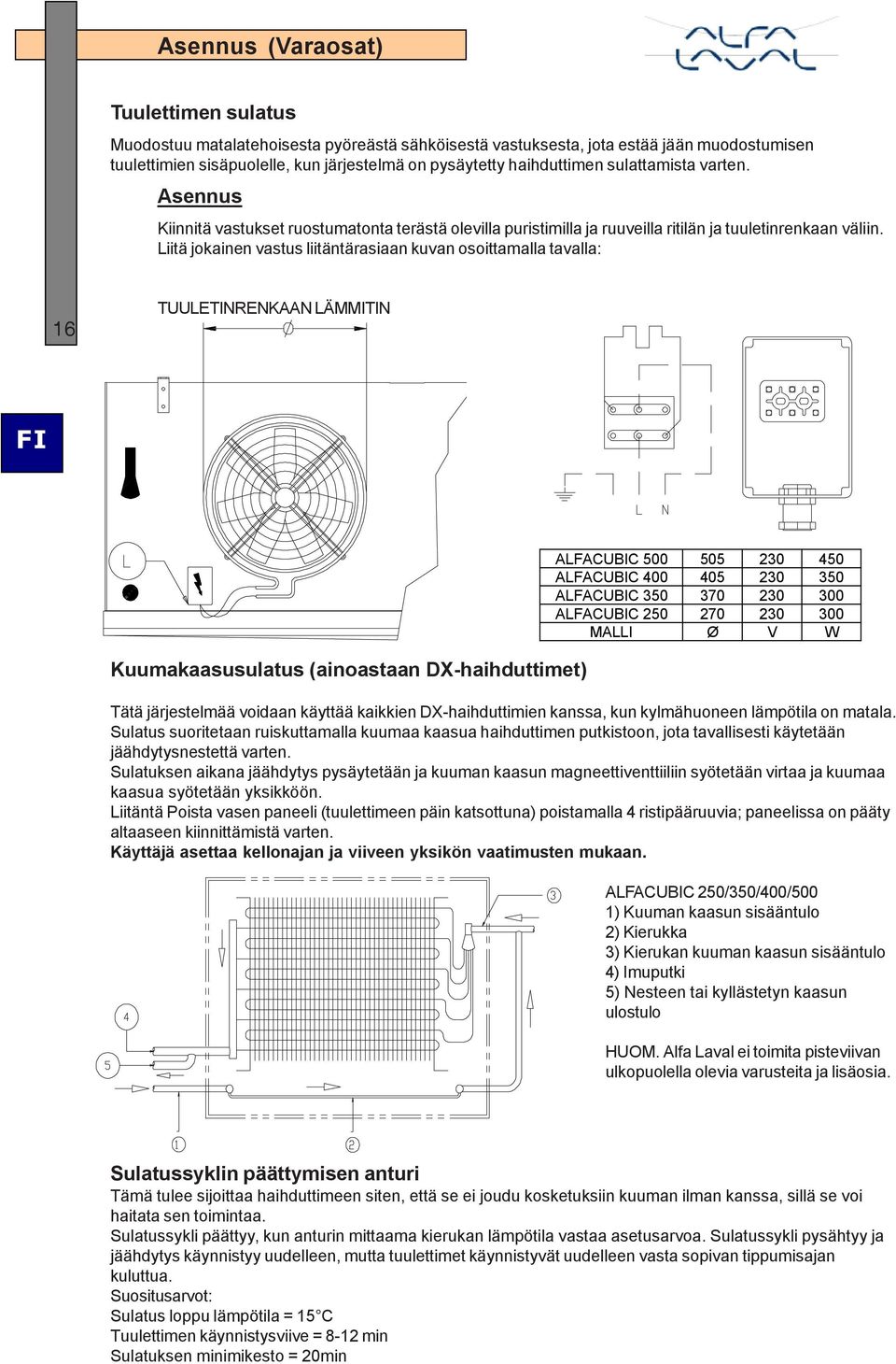 Liitä jokainen vastus liitäntärasiaan kuvan osoittamalla tavalla: 16 TUULETINRENKAAN LÄMMITIN Kuumakaasusulatus (ainoastaan DX-haihduttimet) ALFACUBIC 500 505 230 450 ALFACUBIC 400 405 230 350