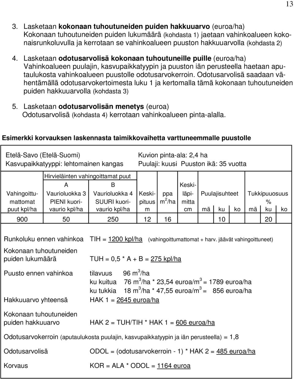 Lasketaan odotusarvolisä kokonaan tuhoutuneille puille (euroa/ha) Vahinkoalueen puulajin, kasvupaikkatyypin ja puuston iän perusteella haetaan aputaulukosta vahinkoalueen puustolle odotusarvokerroin.