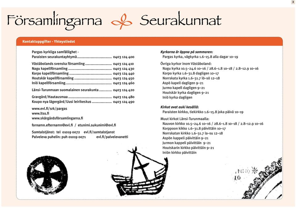 .. 0403 124 460 Länsi-Turunmaan suomalainen seurakunta... 0403 124 420 Gravgård/Hautausmaa... 0403 124 480 Koupo nya lägergård/uusi leirikeskus... 0403 124 490 www.evl.fi/srk/pargas www.ltss.fi www.