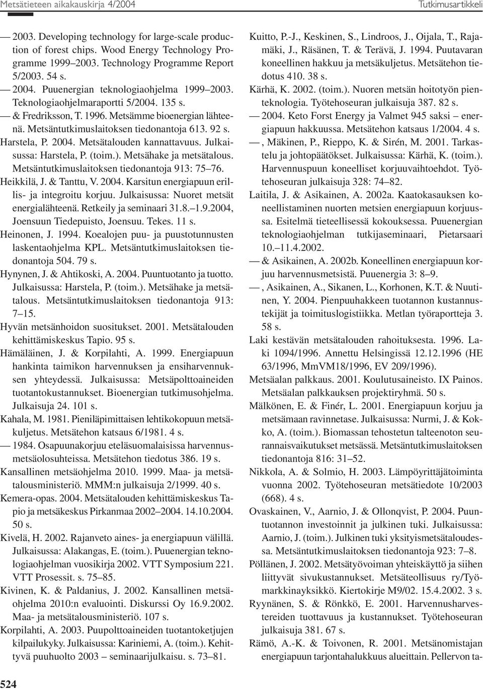 Metsäntutkimuslaitoksen tiedonantoja 613. 92 s. Harstela, P. 2004. Metsätalouden kannattavuus. Julkaisussa: Harstela, P. (toim.). Metsähake ja metsätalous.