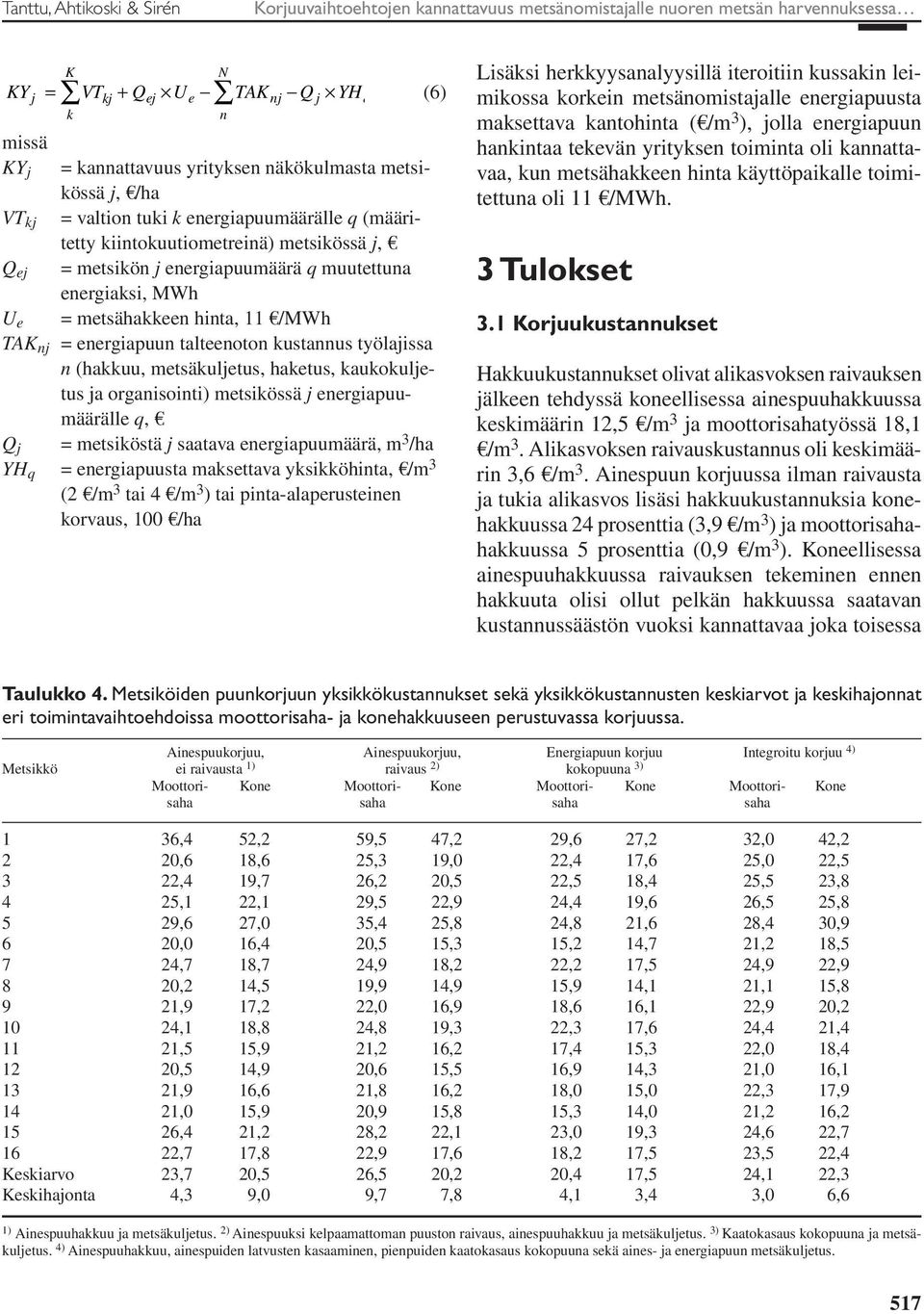 metsähakkeen hinta, 11 /MWh TAK nj = energiapuun talteenoton kustannus työlajissa n (hakkuu, metsäkuljetus, haketus, kaukokuljetus ja organisointi) metsikössä j energiapuumäärälle q, Q j = metsiköstä