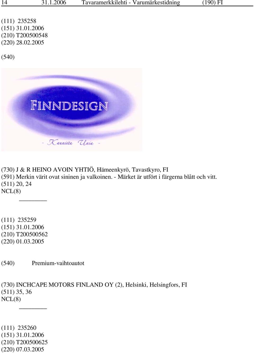 - Märket är utfört i färgerna blått och vitt. (511) 20, 24 (111) 235259 (210) T200500562 (220) 01.03.