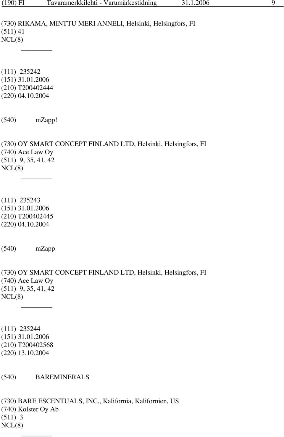 (730) OY SMART CONCEPT FINLAND LTD, Helsinki, Helsingfors, FI (740) Ace Law Oy (511) 9, 35, 41, 42 (111) 235243 (210)